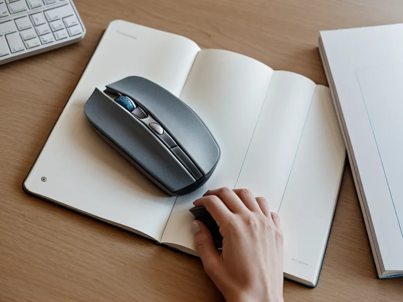 Hand an einer Computer-Maus neben einem Notizbuch mit Marketing-Skizzen.