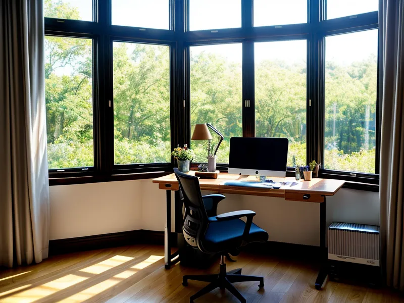Ein sonniges Home-Office mit einem schlafenden Haustier neben dem Computer.